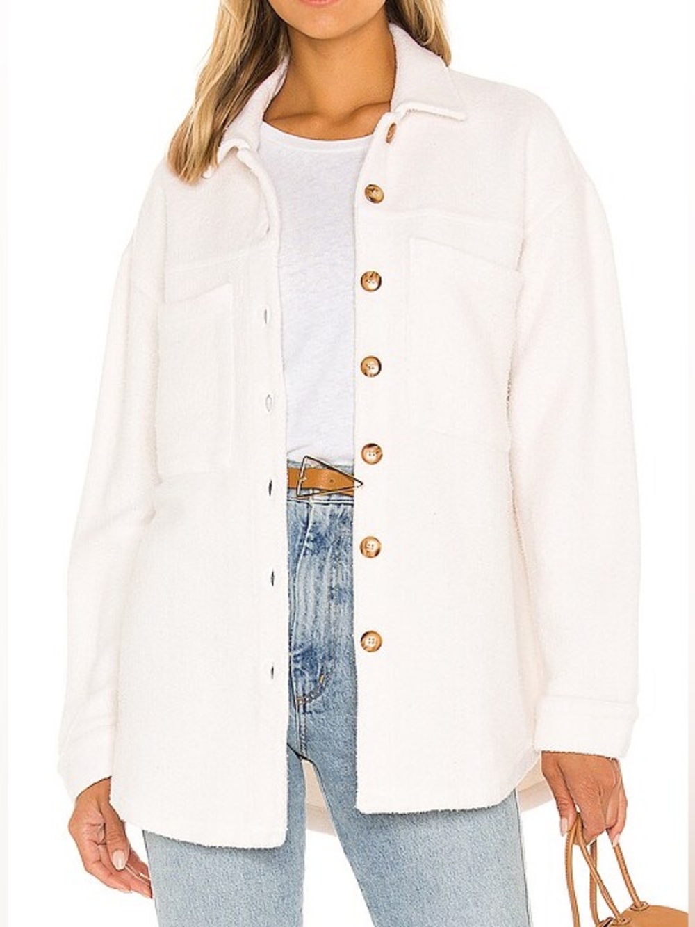 Monrow Cream Teddy Button-Up Shirt 100% Cotton Jacket Shacket